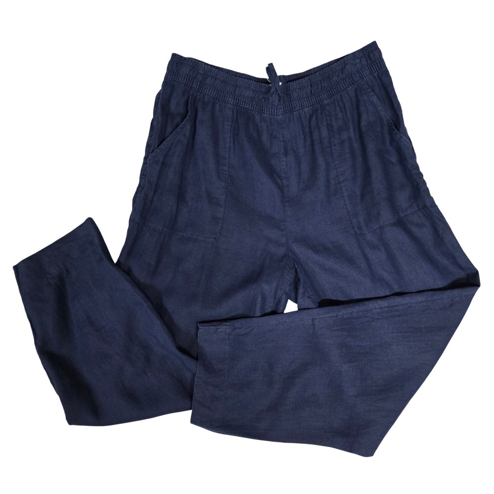 Sigrid Olsen 100% Linen Trouser Pants Pockets Elastic Waist Navy Blue Women's L